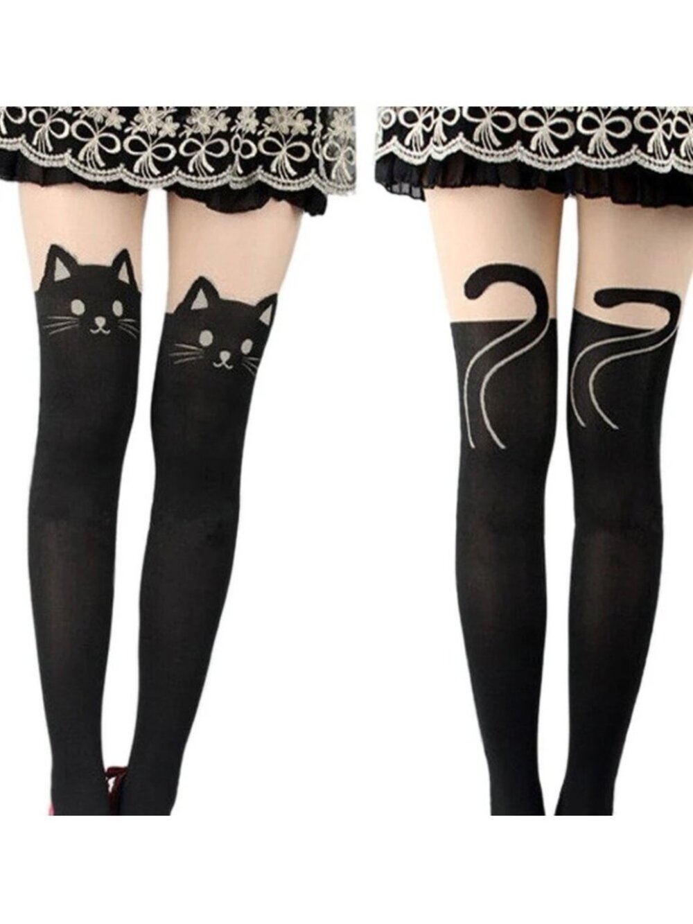 Women's Cat Face & Tail Sheer Mock Thigh High Pantyhose Cute Tights Stockings